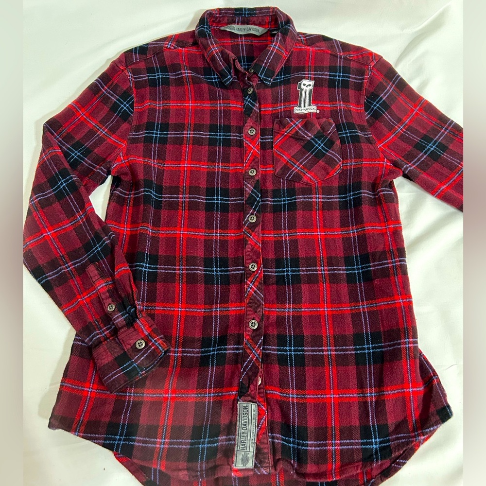 Harley Davidson Women's Flannel Shirt Size M Medium Dark Red Button Up HD